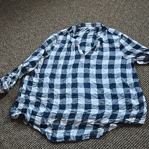 Time And Tru Teal and White Checkered Plaid Blouse Plus